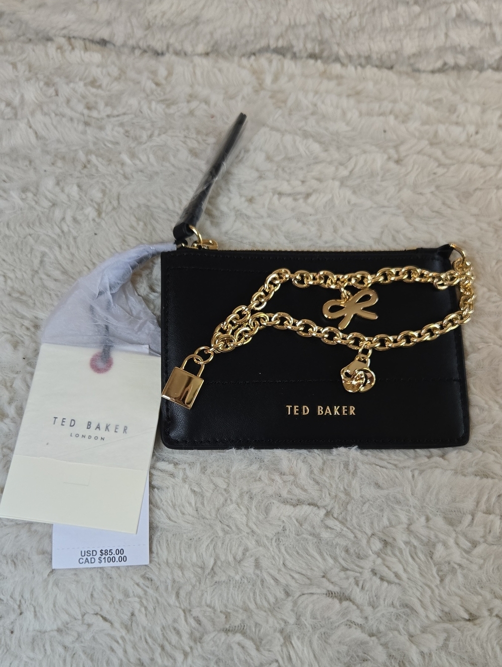 Ted Baker Black Leather Cardholder with Gold Chain Accent NWT